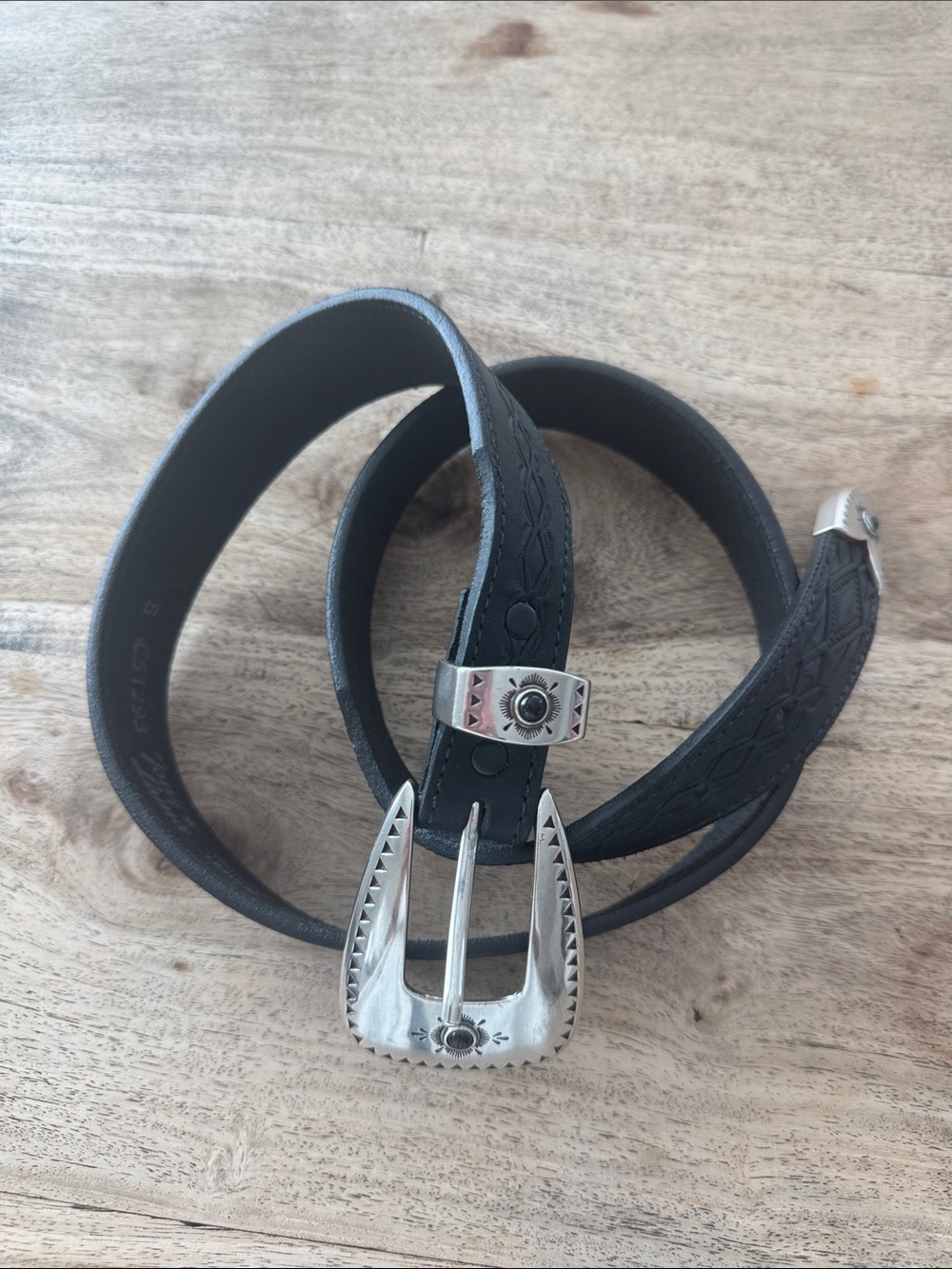 Tony Lama Black Leather Belt with Silver Western Buckle